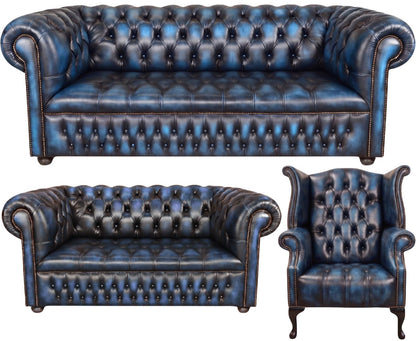 The Churchill Chesterfield 3 Piece Suite with 3 seater, 2 seater and wing chair in Antique Blue leather