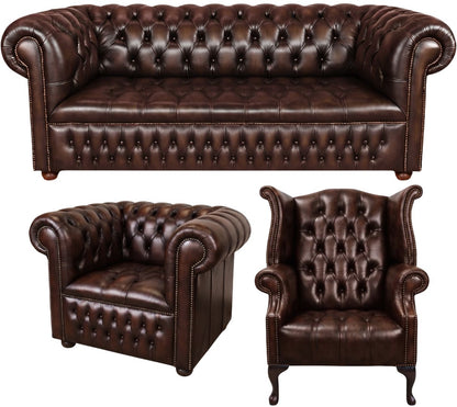 The Churchill Chesterfield 3 Piece Suite with 3 seater, club chair and wing chair in Antique Brown leather