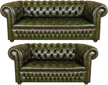 The Churchill Chesterfield 3 Piece Suite with 3 seater and 2 seater in Antique Green leather