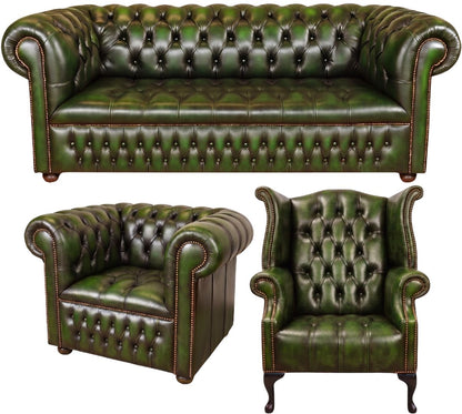 The Churchill Chesterfield 3 Piece Suite with 3 seater, club chair and wing chair in Antique Green leather