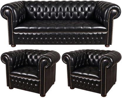 The Churchill Chesterfield 3 Piece Suite with 3 seater and 2 club chairs in English Black leather