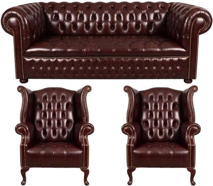 The Churchill Chesterfield 3 Piece Suite with 3 seater and 2 wing chairs in English Brown leather
