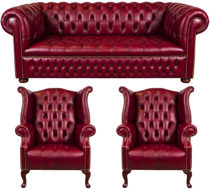 The Churchill Chesterfield 3 Piece Suite with 3 seater and 2 wing chairs in English Burgundy leather