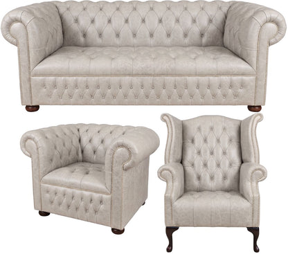 The Churchill Chesterfield 3 Piece Suite with 3 seater, club chair and wing chair in English Fossil Grey leather
