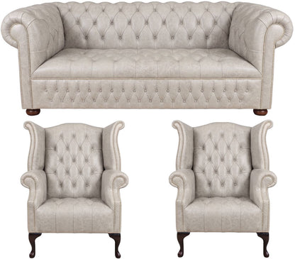 The Churchill Chesterfield 3 Piece Suite with 3 seater and 2 wing chairs in English Fossil Grey leather