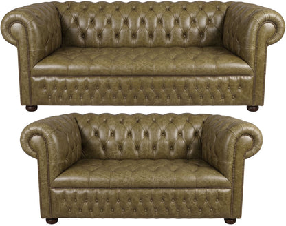 The Churchill Chesterfield 3 Piece Suite with 3 seater and 2 seater in English Moss leather