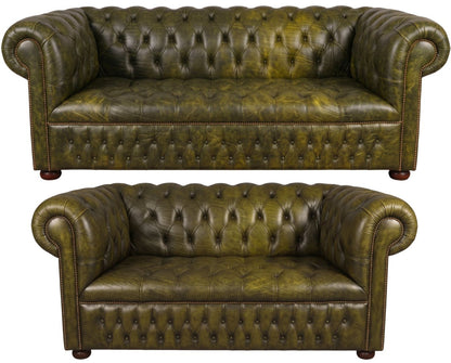 The Churchill Chesterfield 3 Piece Suite with 3 seater and 2 seater in Vintage Moss leather