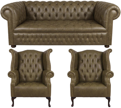 The Churchill Chesterfield 3 Piece Suite with 3 seater and 2 wing chairs in Vintage Olive leather