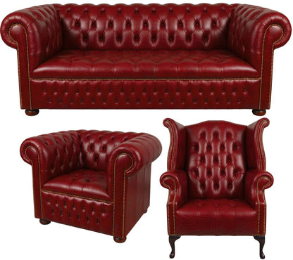 The Churchill Chesterfield 3 Piece Suite with 3 seater, club chair and wing chair in Vintage Poppy leather
