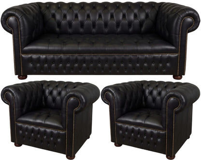 The Churchill Chesterfield 3 Piece Suite with 3 seater and 2 club chairs in Windsor Black leather