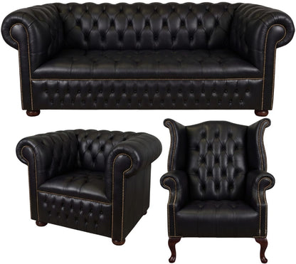 The Churchill Chesterfield 3 Piece Suite with 3 seater, club chair and wing chair in Windsor Black leather