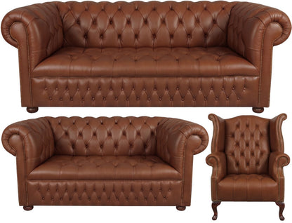 The Churchill Chesterfield 3 Piece Suite with 3 seater, 2 seater and wing chair in Windsor Cocoa leather