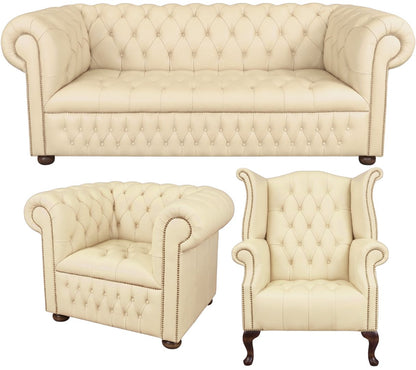 The Churchill Chesterfield 3 Piece Suite with 3 seater, club chair and wing chair in Windsor Cottonseed leather