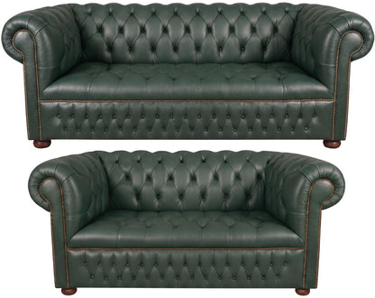 The Churchill Chesterfield 3 Piece Suite with 3 seater and 2 seater in Windsor Forest Green leather