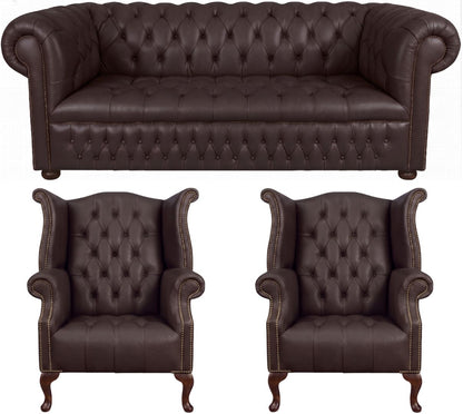 The Churchill Chesterfield 3 Piece Suite with 3 seater and 2 wing chairs in Windsor Mocca leather