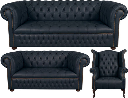 The Churchill Chesterfield 3 Piece Suite with 3 seater, 2 seater and wing chair in Windsor Navy Blue leather