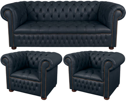 The Churchill Chesterfield 3 Piece Suite with 3 seater and 2 club chairs in Windsor Navy Blue leather