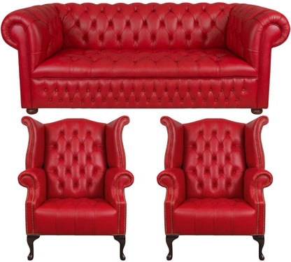 The Churchill Chesterfield 3 Piece Suite with 3 seater and 2 wing chairs in Windsor Red leather