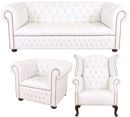 The Churchill Chesterfield 3 Piece Suite with 3 seater, club chair and wing chair in Windsor White leather