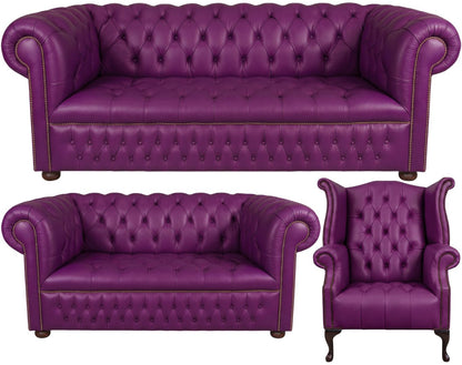 The Churchill Chesterfield 3 Piece Suite with 3 seater, 2 seater and wing chair in Windsor Wineberry leather