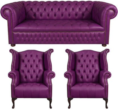 The Churchill Chesterfield 3 Piece Suite with 3 seater and 2 wing chairs in Windsor Wineberry leather
