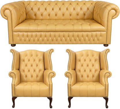 The Churchill Chesterfield 3 Piece Suite with 3 seater and 2 wing chairs in Windsor Yellow leather