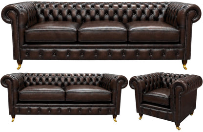 The Dorchester Chesterfield 3 Piece Suite with 3 seater, 2 seater and club chair in Antique Brown leather
