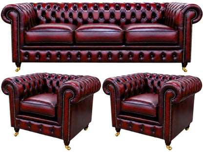 The Dorchester Chesterfield 3 Piece Suite with 3 seater and 2 club chairs in Antique Oxblood leather