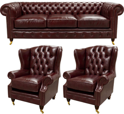 The Dorchester Chesterfield 3 Piece Suite with 3 seater and 2 wing chairs in English Brown leather