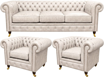 The Dorchester Chesterfield 3 Piece Suite with 3 seater and 2 club chairs in English Fossil Grey leather
