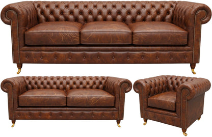 The Dorchester Chesterfield 3 Piece Suite with 3 seater, 2 seater and club chair in Vintage Chestnut leather