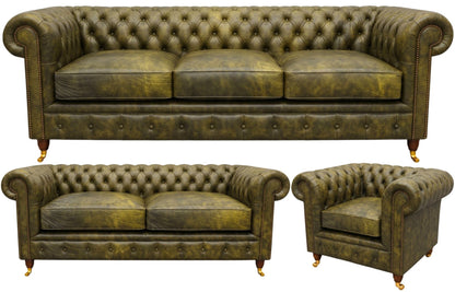 The Dorchester Chesterfield 3 Piece Suite with 3 seater, 2 seater and wing chair in Vintage Moss leather