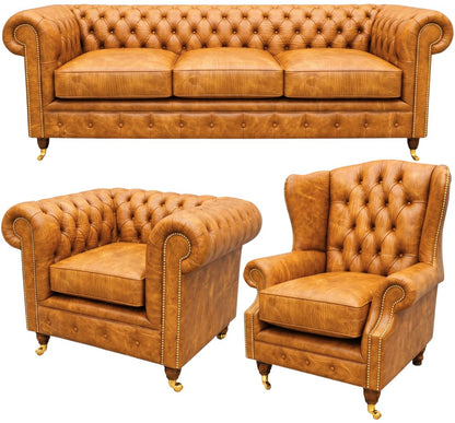 The Dorchester Chesterfield 3 Piece Suite with 3 seater, club chair and Queen Anne chair in Vintage Mustard leather