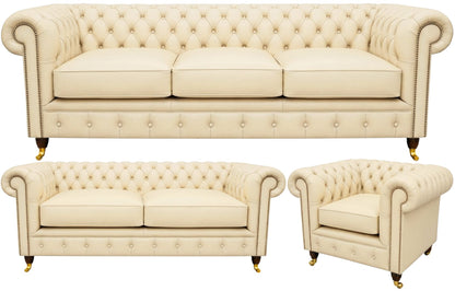 The Dorchester Chesterfield 3 Piece Suite with 3 seater, 2 seater and club chair in Windsor Cottonseed leather