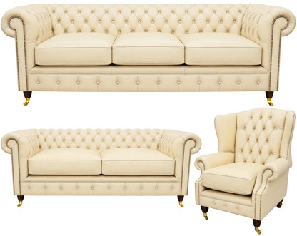The Dorchester Chesterfield 3 Piece Suite with 3 seater, 2 seater and wing chair in Windsor Cottonseed leather