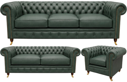 The Dorchester Chesterfield 3 Piece Suite with 3 seater, 2 seater and club chair in Windsor Forest Green leather