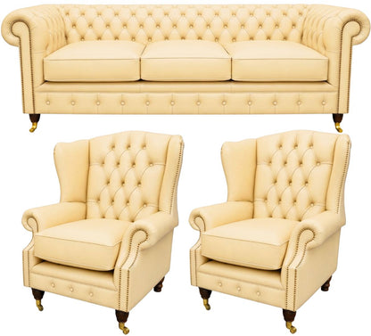 The Dorchester Chesterfield 3 Piece Suite with 3 seater and 2 wing chairs in Windsor Ivory leather