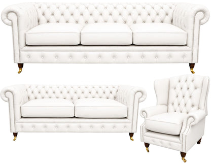 The Dorchester Chesterfield 3 Piece Suite with 3 seater, 2 seater and wing chair in Windsor White leather