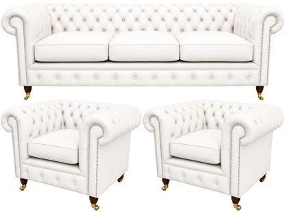 The Dorchester Chesterfield 3 Piece Suite with 3 seater and 2 club chairs in Windsor White leather