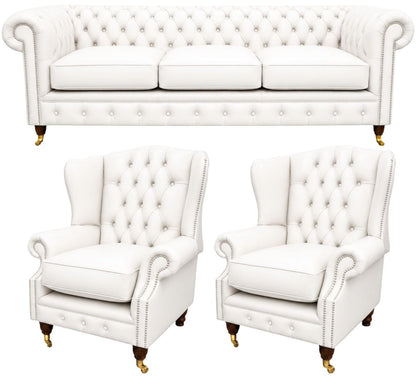 The Dorchester Chesterfield 3 Piece Suite with 3 seater and 2 wing chairs in Windsor White leather
