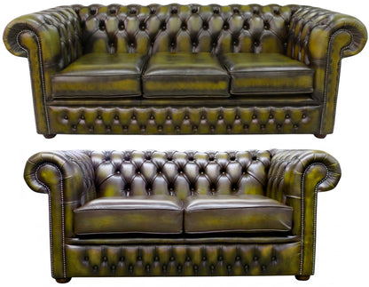 The Durham Chesterfield 3 Piece Suite with 3 seater and 2 seater in Antique Gold leather