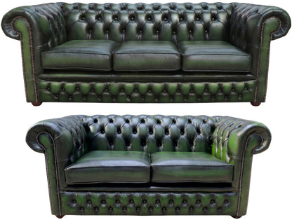 The Durham Chesterfield 3 Piece Suite with 3 seater and 2 seater in Antique Green leather