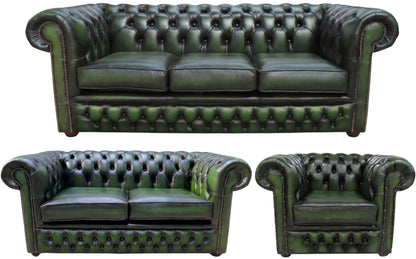 The Durham Chesterfield 3 Piece Suite with 3 seater, 2 seater and club chair in Antique Green leather