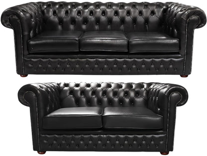 The Durham Chesterfield 3 Piece Suite with 3 seater and 2 seater in English Black leather