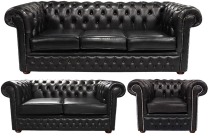 The Durham Chesterfield 3 Piece Suite with 3 seater, 2 seater and club chair in English Black leather