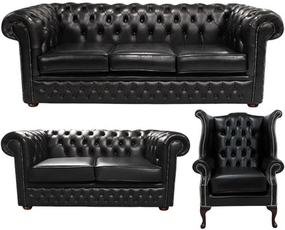 The Durham Chesterfield 3 Piece Suite with 3 seater, 2 seater and Queen Anne chair in English Black leather