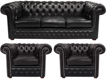 The Durham Chesterfield 3 Piece Suite with 3 seater and 2 club chairs in English Black leather
