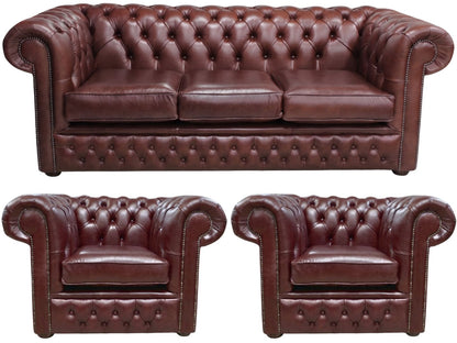 The Durham Chesterfield 3 Piece Suite with 3 seater and 2 club chairs in English Brown leather