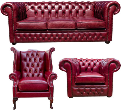 The Durham Chesterfield 3 Piece Suite with 3 seater, club chair and Queen Anne chair in English Burgundy leather