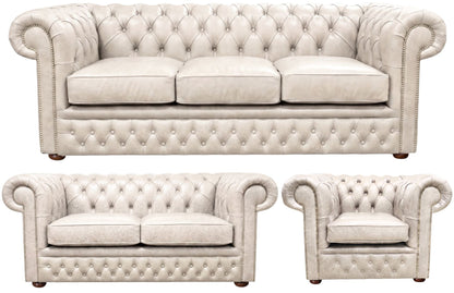 The Durham Chesterfield 3 Piece Suite with 3 seater, 2 seater and club chair in English Fossil Grey leather